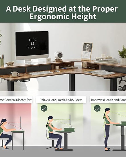 FEZIBO Triple Motor 63" L Shaped Standing Desk with 3 Drawers, Electric Standing Desk Adjustable Height, Corner Stand up Desk with Splice Board - Rustic Brown - LeafyLoom