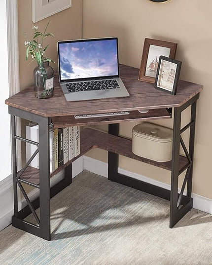 VECELO Corner Computer Desk 41 x 30 inches with Smooth Keyboard & Storage Shelves for Home Office Workstation, Rustic Natural Brown - LeafyLoom