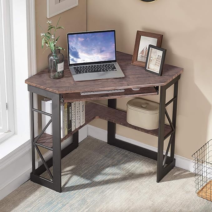 VECELO Corner Computer Desk 42 x 30 inches with Smooth Keyboard & Storage Shelves for Home Office Workstation, Rustic Brown - LeafyLoom