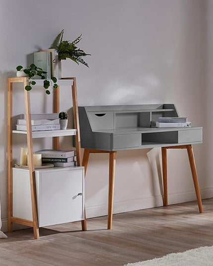 Teamson Home Creativo Writing Study Computer Desk with Solid Wood Legs, Storage Drawers and Open Shelves Hutch for Home Office Living Room Reading Bedroom, 37 inch Height, Gray - LeafyLoom