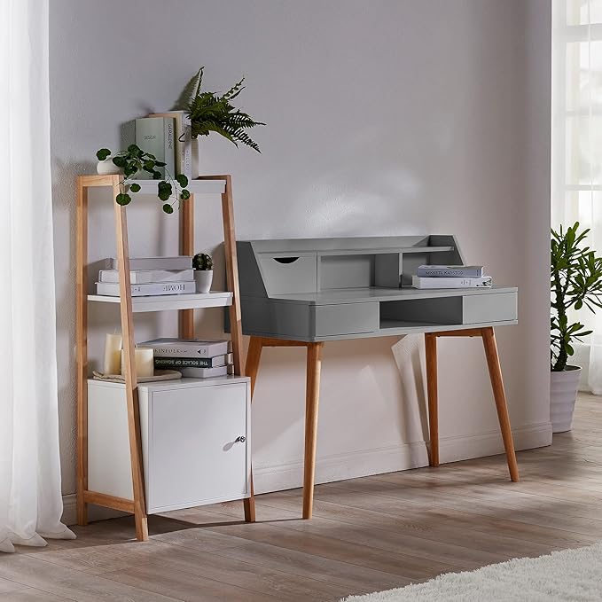 Teamson Home Creativo Writing Study Computer Desk with Solid Wood Legs, Storage Drawers and Open Shelves Hutch for Home Office Living Room Reading Bedroom, 37 inch Height, Gray - LeafyLoom