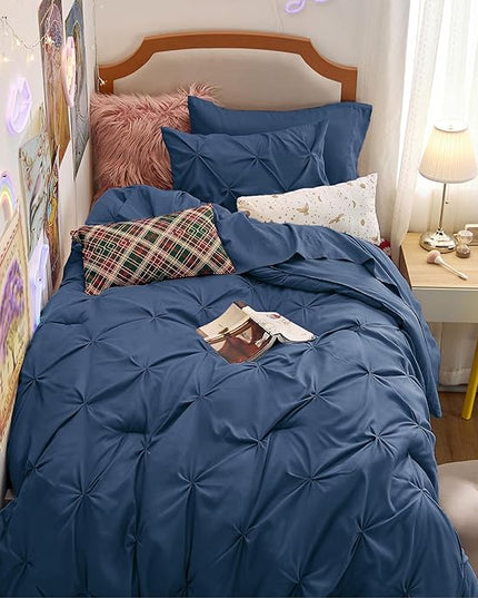 Bedsure Twin XL Comforter Set for Boys - Extra Long 5 Pieces Dorm Bedding Sets, Pinch Pleat Navy Blue Bed in a Bag with Comforter, Sheets, Pillowcase & Sham - LeafyLoom