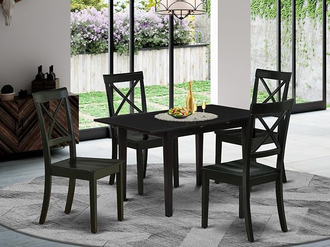 East West Furniture NOBO5-BLK-W 5 Piece Dining Set for 4 includes a Rectangle Kitchen Table with Butterfly Leaf and 4 Dinette Chairs, 32x54 Inch - LeafyLoom