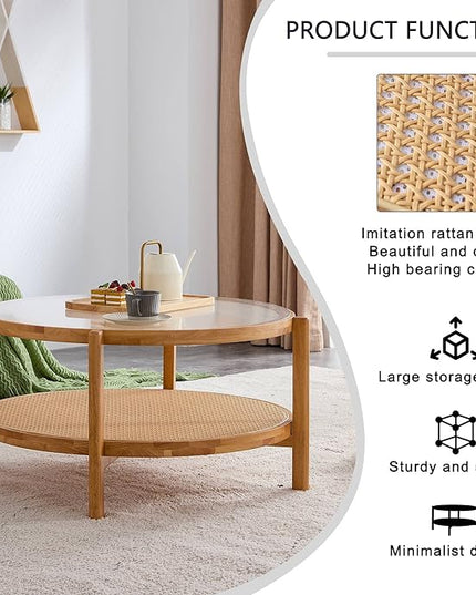 NicBex Dining Table Round Kitchen Table Contemporary Modern Minimalist Circular Double-Layer Solid Wood Coffee Table, Craft Glass Tabletop, Rattan, Solid Wood Frame, Natural Wood - LeafyLoom