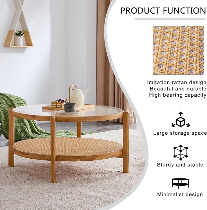 NicBex Dining Table Round Kitchen Table Contemporary Modern Minimalist Circular Double-Layer Solid Wood Coffee Table, Craft Glass Tabletop, Rattan, Solid Wood Frame, Natural Wood - LeafyLoom