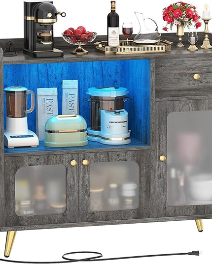 Cyclysio Sideboard Buffet Cabinet with Power Outlet, Kitchen Cabinet with LED Lights, Large Bar Cart Accent Buffet Cabinet with Door for Bedroom, Living Room, Kitchen, Hallway, Grey - LeafyLoom