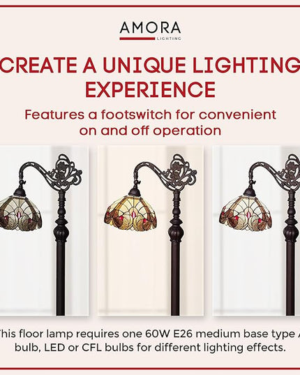 Amora Tiffany Style Floor Lamp Arched Vintage Antique 62" Tall Stained Glass Brown Red Tan Traditional Light Decor Bedroom Living Room Reading Gift AM344FL12 Lighting - LeafyLoom