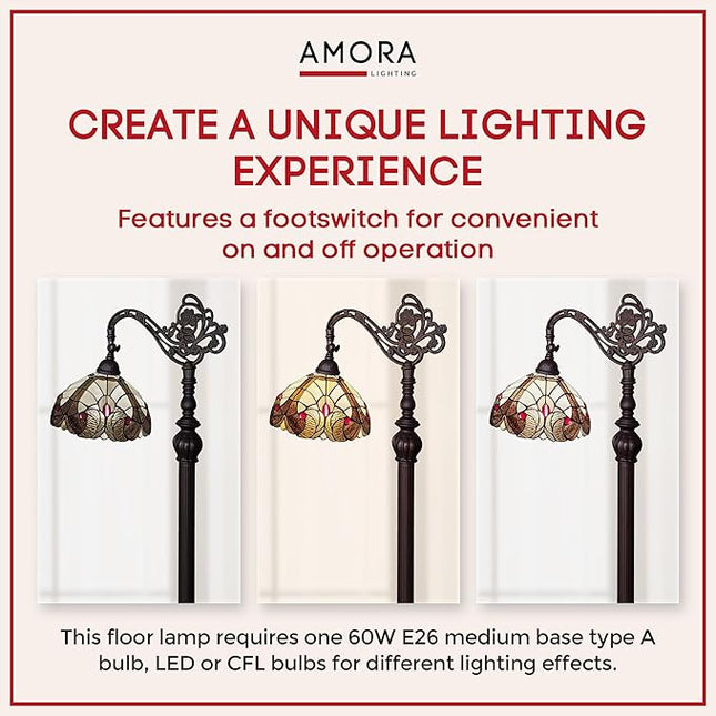 Amora Tiffany Style Floor Lamp Arched Vintage Antique 62" Tall Stained Glass Brown Red Tan Traditional Light Decor Bedroom Living Room Reading Gift AM344FL12 Lighting - LeafyLoom