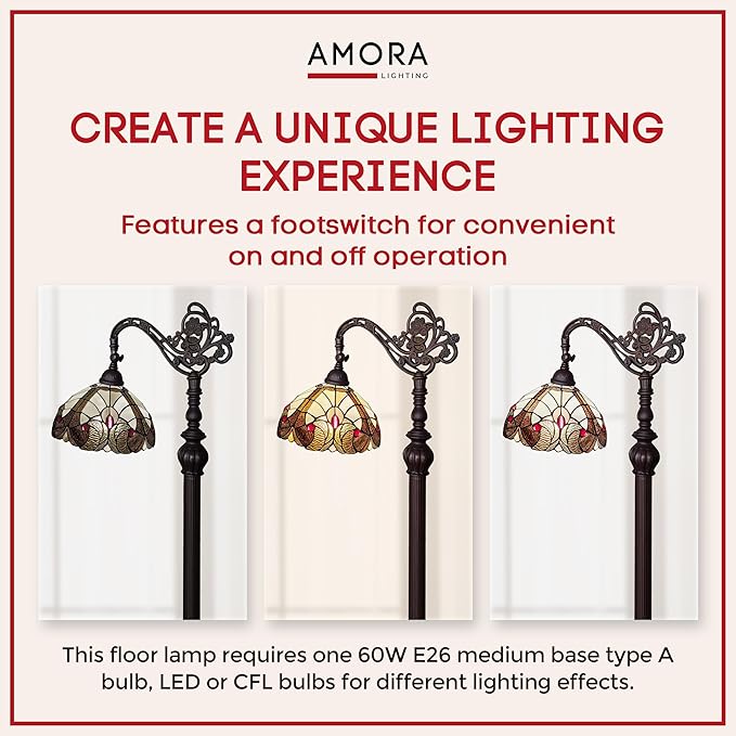 Amora Tiffany Style Floor Lamp Arched Vintage Antique 62" Tall Stained Glass Brown Red Tan Traditional Light Decor Bedroom Living Room Reading Gift AM344FL12 Lighting - LeafyLoom