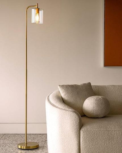 Brightech Elizabeth LED Floor lamp, Tall Lamp with Glass Shade & Edison Bulb, Industrial Lamp for Living Rooms & Offices, Vintage Standing Lamp for Bedroom in Farmhouse or Rustic Style - Gold - LeafyLoom
