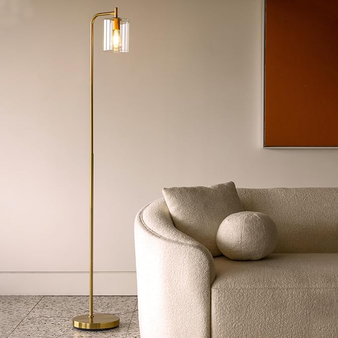 Brightech Elizabeth LED Floor lamp, Tall Lamp with Glass Shade & Edison Bulb, Industrial Lamp for Living Rooms & Offices, Vintage Standing Lamp for Bedroom in Farmhouse or Rustic Style - Gold - LeafyLoom