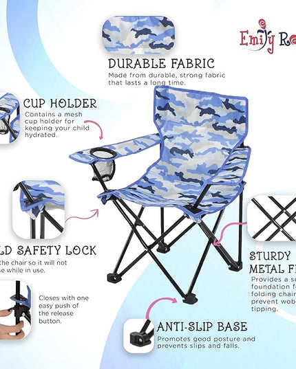 Emily Rose Kids Folding Chair | Beach Chair with Safety Lock- Camping Chair for Boyos Girls Toddler with Cup Holder & Carry Case- Tailgate, Travel, Lawn- for Indoor & Outdoor (Blue Camo) - LeafyLoom