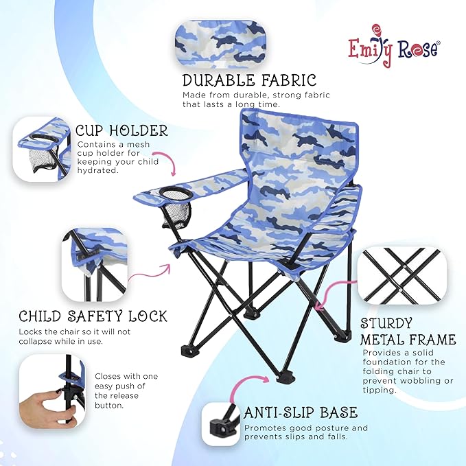 Emily Rose Kids Folding Chair | Beach Chair with Safety Lock- Camping Chair for Boyos Girls Toddler with Cup Holder & Carry Case- Tailgate, Travel, Lawn- for Indoor & Outdoor (Blue Camo) - LeafyLoom