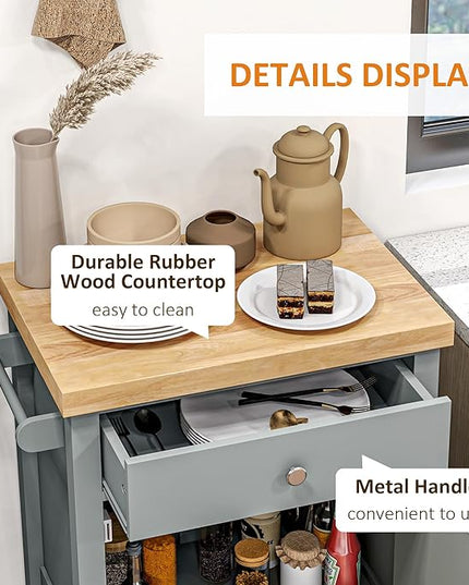 HOMCOM Utility Kitchen Cart, Rolling Kitchen Island with Smooth Rubberwood Top, Narrow Butcher Block Surface on Wheels with Storage Drawer & Cabinet, Gray - LeafyLoom