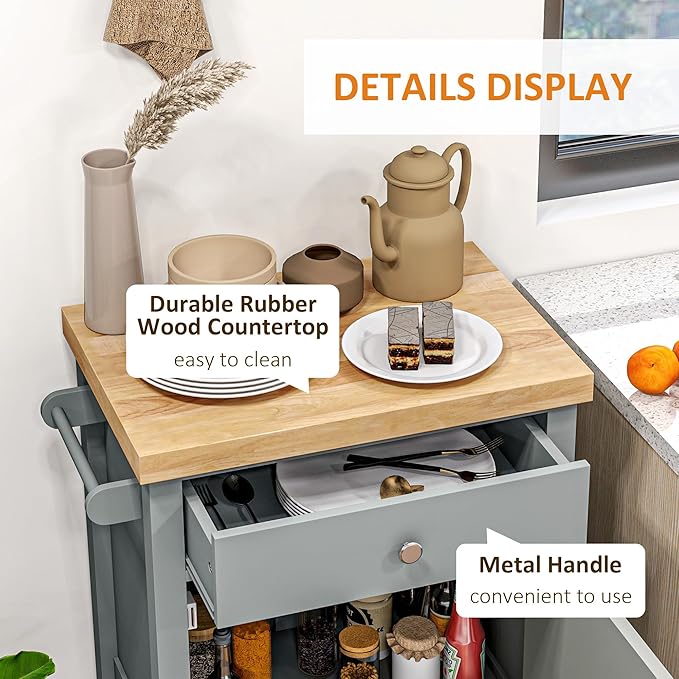 HOMCOM Utility Kitchen Cart, Rolling Kitchen Island with Smooth Rubberwood Top, Narrow Butcher Block Surface on Wheels with Storage Drawer & Cabinet, Gray - LeafyLoom