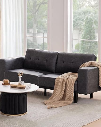 79” Leather Sofa Couches for Living Room, Oversized Loveseat Sofa, 3 Seat Mid Century Modern Couch, Faux Leather Couch Sofa, Love Seat with Solid Wood Leg, Bedroom Couch, Grey - LeafyLoom