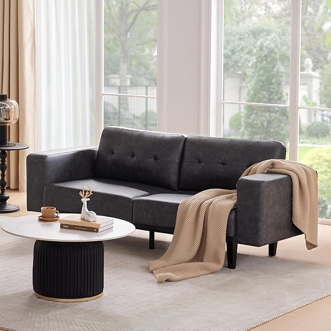 79” Leather Sofa Couches for Living Room, Oversized Loveseat Sofa, 3 Seat Mid Century Modern Couch, Faux Leather Couch Sofa, Love Seat with Solid Wood Leg, Bedroom Couch, Grey - LeafyLoom