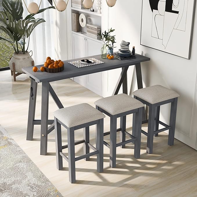 NicBex Kitchen Table Chairs Set of 4 Dining Table Set Multipurpose Home Kitchen Dining Bar Table Set with 3 Upholstered Stools for Home & Kitchen Dining Room, Gray - LeafyLoom