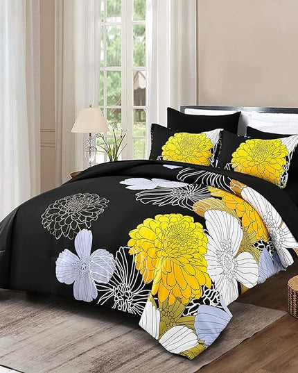 7 Pieces King Yellow Black Comforter Set Bed in a Bag Floral Bedding Set Soft Microfiber Comforter (1 Comforter 1 Flat Sheet 1 Fitted Sheet 2 Pillowshams 2 Pillowcases) - LeafyLoom