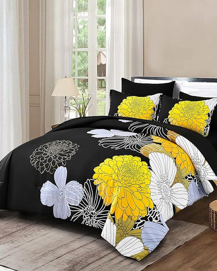 Bed in a Bag Queen Yellow Black Comforter Set 7 Pieces Soft Microfiber Floral Bedding Set with 1 Comforter 1 Flat Sheet 1 Fitted Sheet 2 Pillowshams 2 Pillowcases - LeafyLoom