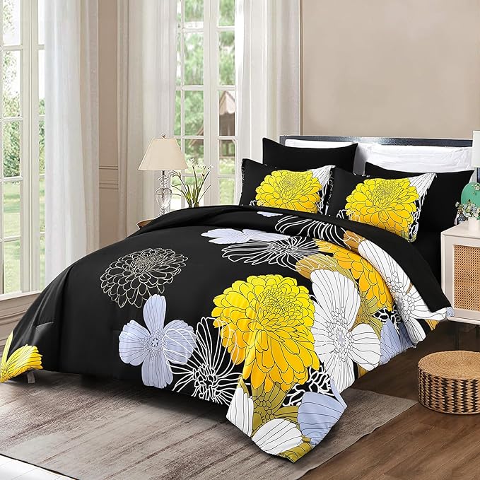 Bed in a Bag Queen Yellow Black Comforter Set 7 Pieces Soft Microfiber Floral Bedding Set with 1 Comforter 1 Flat Sheet 1 Fitted Sheet 2 Pillowshams 2 Pillowcases - LeafyLoom