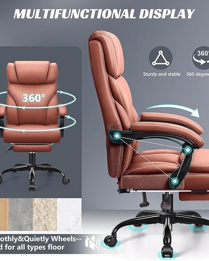 Office Chair, Executive Leather Chair Big and Tall Ergonomic Computer Desk Chair, Comfy Swivel Rolling Reclining Lumbar Support Task Chair with Adjustable High Back Foot Rest for Home Gaming - LeafyLoom