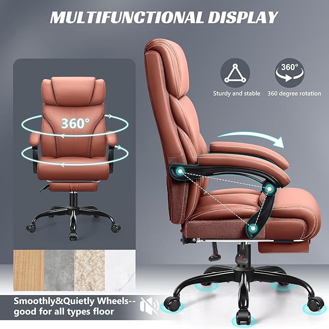 Office Chair, Executive Leather Chair Big and Tall Ergonomic Computer Desk Chair, Comfy Swivel Rolling Reclining Lumbar Support Task Chair with Adjustable High Back Foot Rest for Home Gaming - LeafyLoom