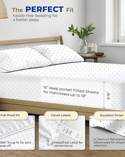 THREAD SPREAD 100% Egyptian Cotton Printed Bed Sheets - 600 Thread Count 4 PC California King Sheet Set, Hotel Luxury Bedsheets, 16" Deep Pocket Cooling Sheets for Cal King Size Bed - Polka Dot - Navy - LeafyLoom
