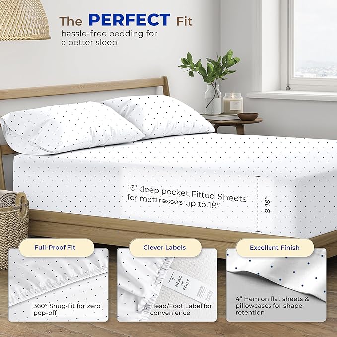THREAD SPREAD 100% Egyptian Cotton Printed Bed Sheets - 600 Thread Count 4 PC Full Sheet Set, Hotel Luxury Sateen Bedsheets, 16" Deep Pocket Soft Cooling Sheets for Full Size Bed - Polka Dot - Navy - LeafyLoom