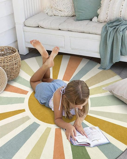Boho Sun Round Area Rug for Living Room, 6 Ft Washable Nursery Rug for Playroom, Colorful Circle Rug for Kids Bedroom, Non-Slip Circluar Carpet Soft Large Kids Rug for Classroom Dorm Kids Room - LeafyLoom