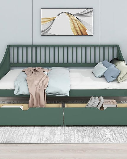 Full Size Daybed with Two Drawers,Solid Wood Storage Bed Frame W/Wooden Slat Support,Guide Rail Design on Three Sides,Easy to Assemble,for Bedroom Living Room,Green - LeafyLoom