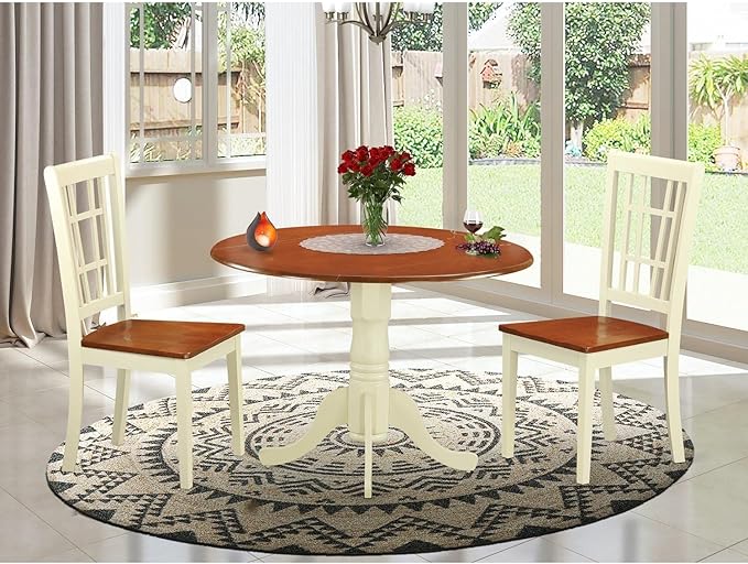 East West Furniture DLNI3-BMK-W 3 Piece Room Furniture Set Contains a Round Kitchen Table with Dropleaf and 2 Dining Chairs, 42x42 Inch - LeafyLoom