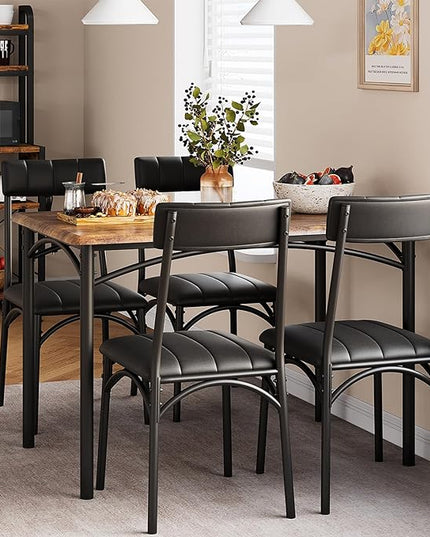 Dining Table Set for 4, Kitchen Table and Chairs, Rectangular Dining Room Table Set with 4 Upholstered Chairs, 5 Piece Kitchen Table Set for Small Space, Apartment, Retro Brown - LeafyLoom