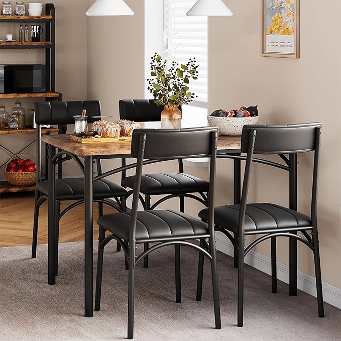 Dining Table Set for 4, Kitchen Table and Chairs, Rectangular Dining Room Table Set with 4 Upholstered Chairs, 5 Piece Kitchen Table Set for Small Space, Apartment, Retro Brown - LeafyLoom