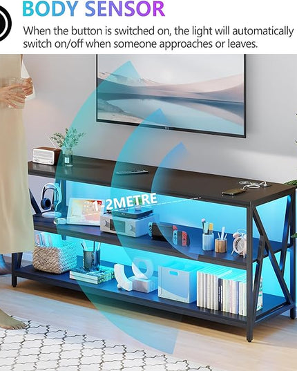 Lvifur LED TV Stand up to 70''Televisions, Farmhouse TV Console Table with RGB 24 Colors Dimmable, Industrial Entertainment Center with Human Body Sensor for Living Room Bedroom - LeafyLoom