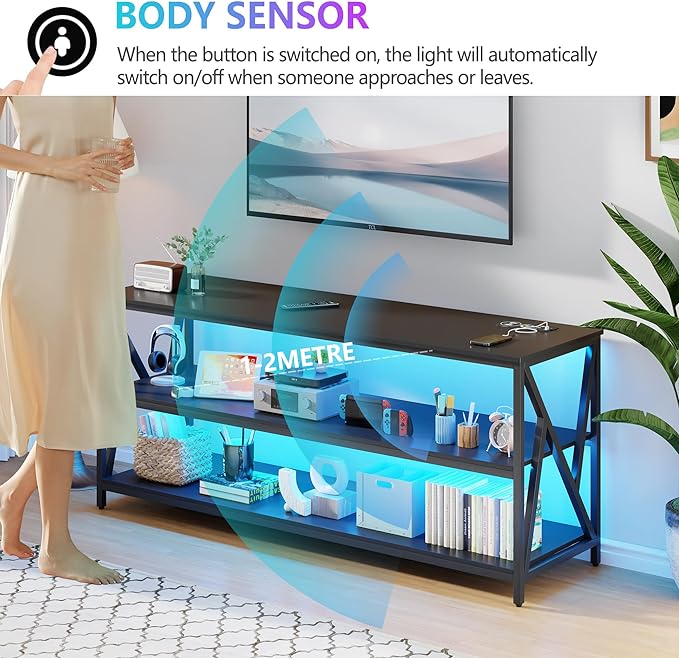 Lvifur LED TV Stand up to 70''Televisions, Farmhouse TV Console Table with RGB 24 Colors Dimmable, Industrial Entertainment Center with Human Body Sensor for Living Room Bedroom - LeafyLoom