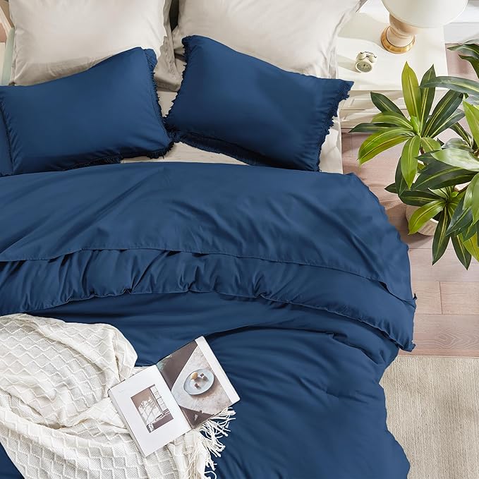 Andency Navy Blue Comforter King Size, 3 Pieces Boho Tassel Lightweight Bedding Comforter Sets for King Bed, All Season Soft Fluffy Fringe Bed Set (104x90In Comforter & 2 Pillowcases) - LeafyLoom