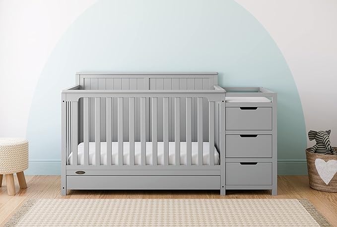 Graco Hadley 5-in-1 Convertible Crib and Changer with Drawer (Pebble Gray) – Crib and Changing-Table Combo with Drawer, Includes Changing Pad, Converts to Toddler Bed, Daybed and Full-Size Bed - LeafyLoom