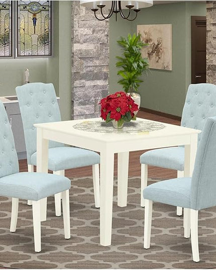 East West Furniture OXCE5-LWH-15 Oxford 5 Piece Dining Room Set Includes a Square Wooden Table and 4 Baby Blue Linen Fabric Upholstered Parson Chairs, 36x36 Inch - LeafyLoom