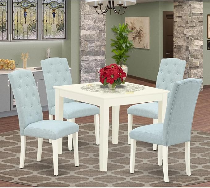 East West Furniture OXCE5-LWH-15 Oxford 5 Piece Dining Room Set Includes a Square Wooden Table and 4 Baby Blue Linen Fabric Upholstered Parson Chairs, 36x36 Inch - LeafyLoom