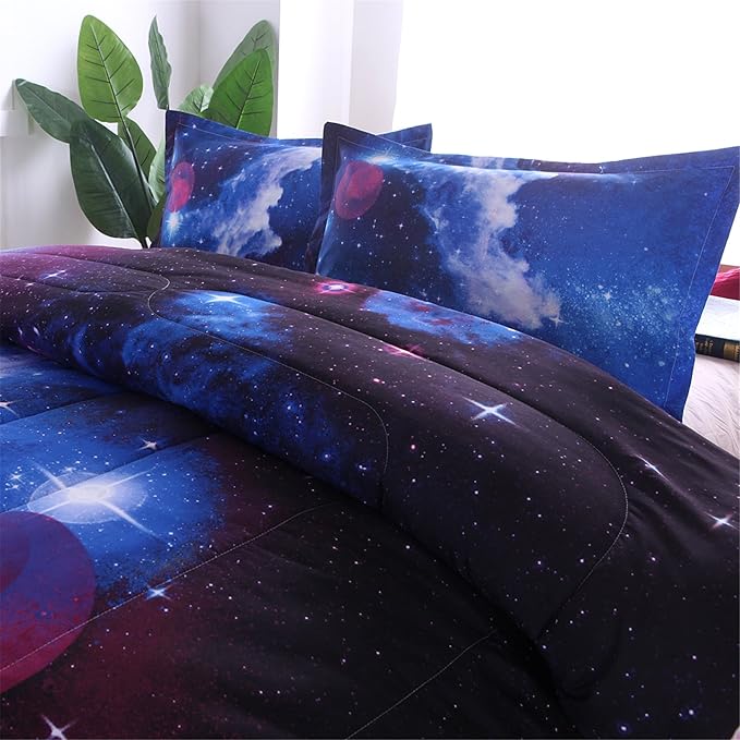 A Nice Night Galaxy Bedding Sets Outer Space Comforter 3D Printed Space Quilt Set Full Size,for Children Boy Girl Teen Kids - Includes 1 Comforter, 2 Pillow Cases - LeafyLoom