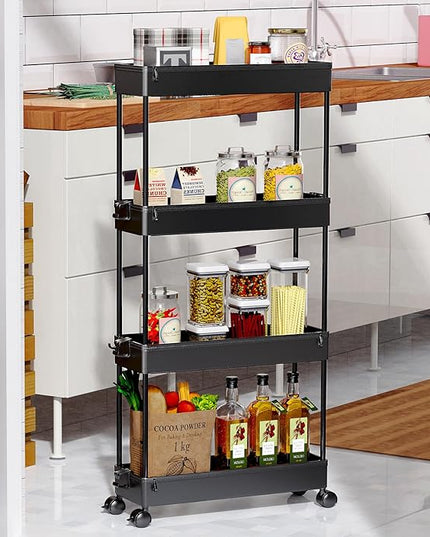 SPACEKEEPER Slim Rolling Storage Cart 4 Tier Organizer Mobile Shelving Unit Utility Cart Tower Rack for Kitchen Bathroom Laundry Narrow Places, Black - LeafyLoom