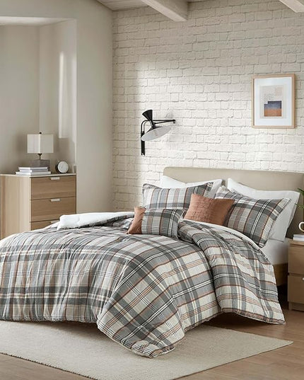 Intelligent Design Queen Comforter Set Plaid Classic Cabin Lodge Comforter Queen Size, Modern Casual, Lightweight All Season Bedding Set Queen, Sham, Décor Pillows, Blake, Full/Queen, Tan/Gray 5 Piece - LeafyLoom