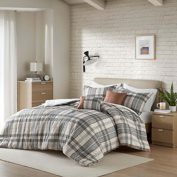 Intelligent Design Queen Comforter Set Plaid Classic Cabin Lodge Comforter Queen Size, Modern Casual, Lightweight All Season Bedding Set Queen, Sham, Décor Pillows, Blake, Full/Queen, Tan/Gray 5 Piece - LeafyLoom