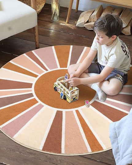 Topotdor Sun Rainbow Round Rug 4ft Boho Kids Nursery Rug, Colorful Washable Area Rug Ultra Soft Circle Classroom Rug Non-Slip for Bedroom Living Room Playroom Decor, Orange - LeafyLoom