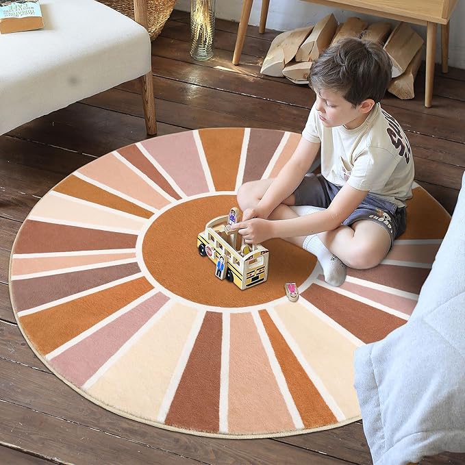 Topotdor Sun Rainbow Round Rug 4ft Boho Kids Nursery Rug, Colorful Washable Area Rug Ultra Soft Circle Classroom Rug Non-Slip for Bedroom Living Room Playroom Decor, Orange - LeafyLoom