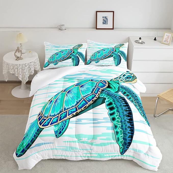 CVHOUSE Sea Turtle Bedding Set,Sea Turtle Comforter Full,Ocean Bohemia Comforter Set for Boys Kids Girls,Ocean Quilt Set with 1 Comforter and 2 Pillow Cases - LeafyLoom