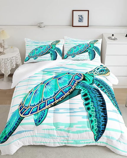 CVHOUSE Sea Turtle Bedding Set,Sea Turtle Comforter King,Ocean Bohemia Comforter Set for Boys Kids Girls,Ocean Quilt Set with 1 Comforter and 2 Pillow Cases - LeafyLoom