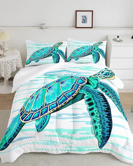 CVHOUSE Sea Turtle Bedding Set,Sea Turtle Comforter Twin,Ocean Bohemia Comforter Set for Boys Kids Girls,Ocean Quilt Set with 1 Comforter and 2 Pillow Cases - LeafyLoom