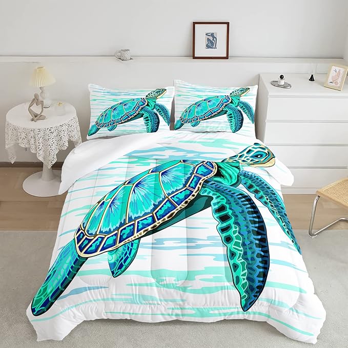 CVHOUSE Sea Turtle Bedding Set,Sea Turtle Comforter Queen,Ocean Bohemia Comforter Set for Boys Kids Girls,Ocean Quilt Set with 1 Comforter and 2 Pillow Cases - LeafyLoom